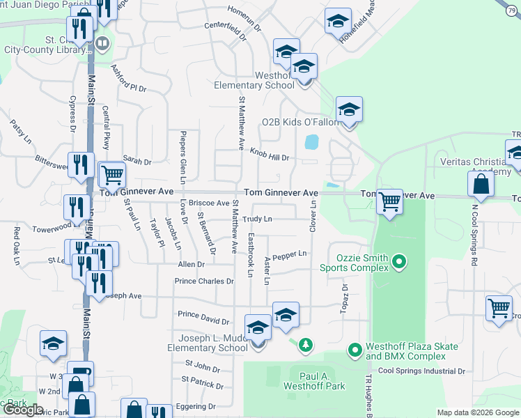 map of restaurants, bars, coffee shops, grocery stores, and more near 707 Blackberry Lane in O'Fallon