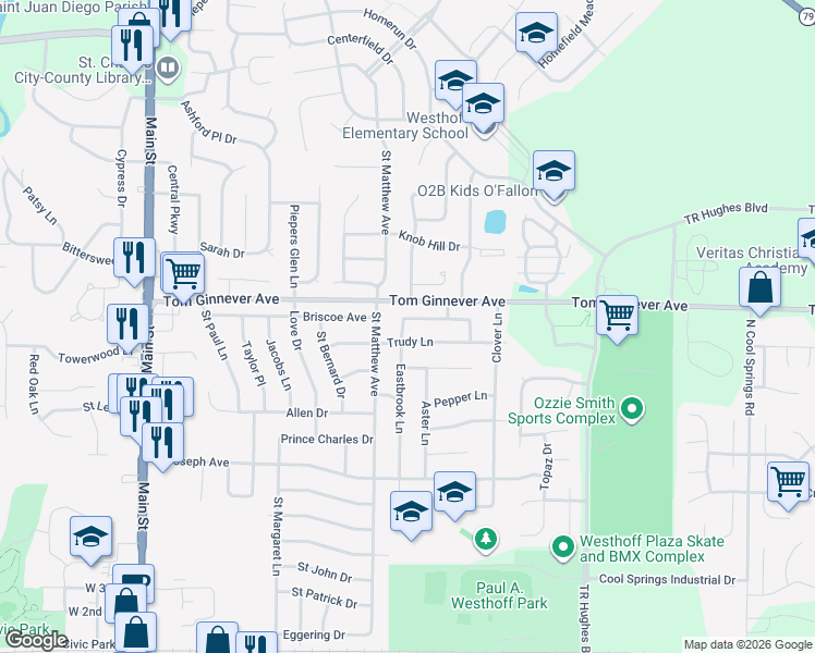 map of restaurants, bars, coffee shops, grocery stores, and more near 907 Eastbrook Lane in O'Fallon