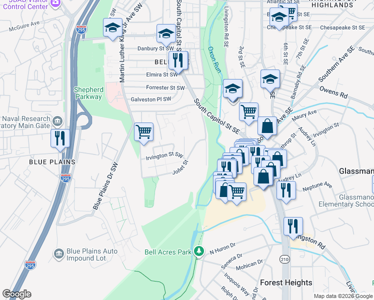 map of restaurants, bars, coffee shops, grocery stores, and more near 4770 South Capitol Terrace Southwest in Washington