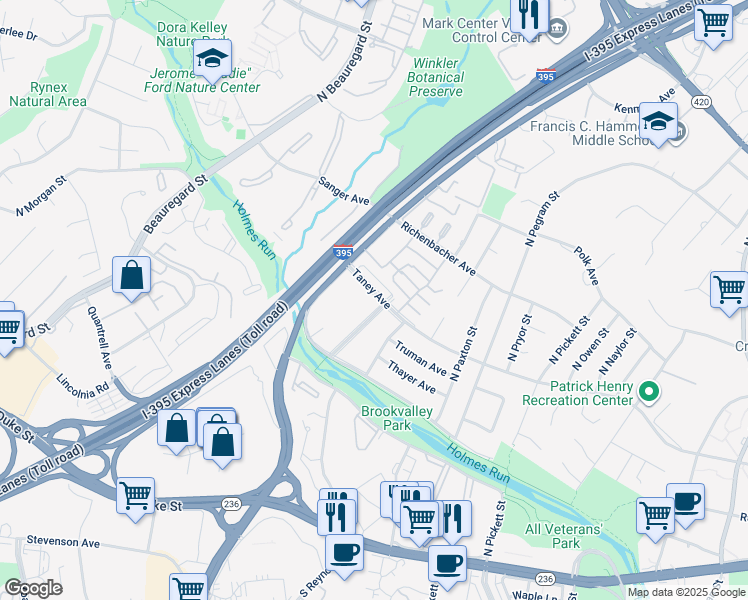 map of restaurants, bars, coffee shops, grocery stores, and more near 5402 Taney Avenue in Alexandria