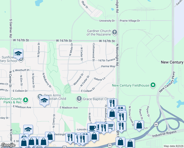 map of restaurants, bars, coffee shops, grocery stores, and more near 646 Parma Way in Gardner