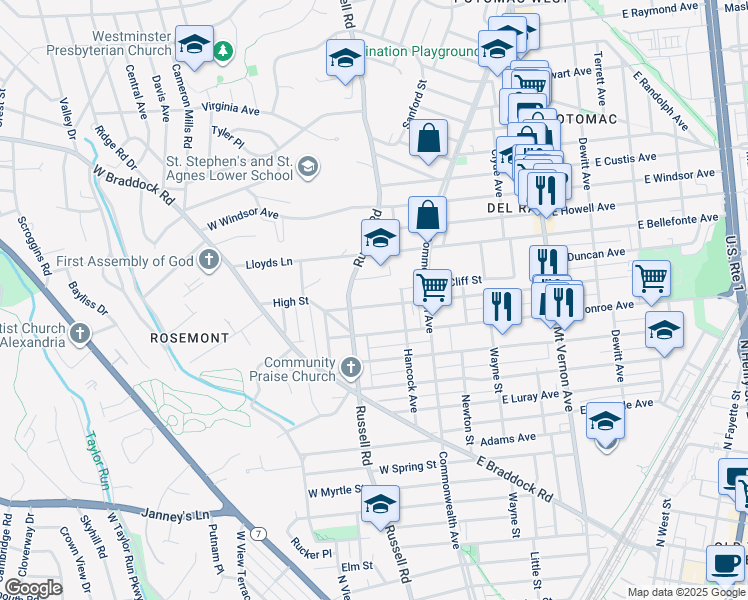 map of restaurants, bars, coffee shops, grocery stores, and more near 113 West Mason Avenue in Alexandria