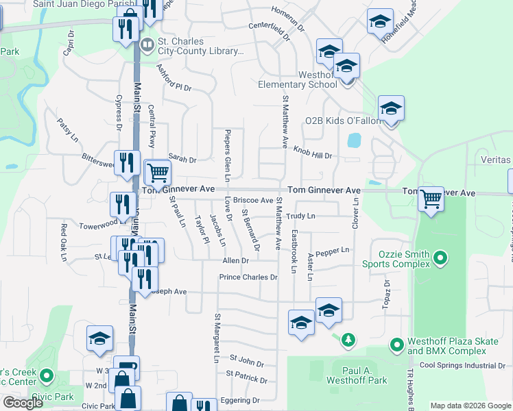 map of restaurants, bars, coffee shops, grocery stores, and more near 511 Briscoe Avenue in O'Fallon