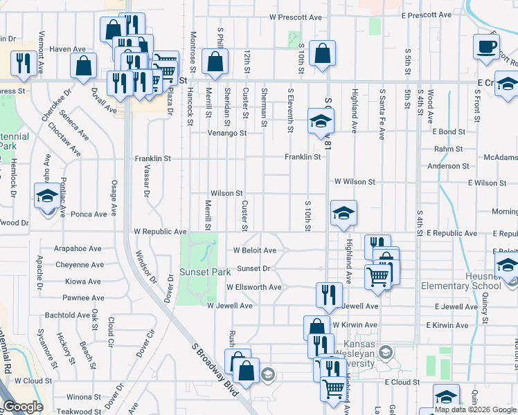 map of restaurants, bars, coffee shops, grocery stores, and more near 904 Sherman Street in Salina