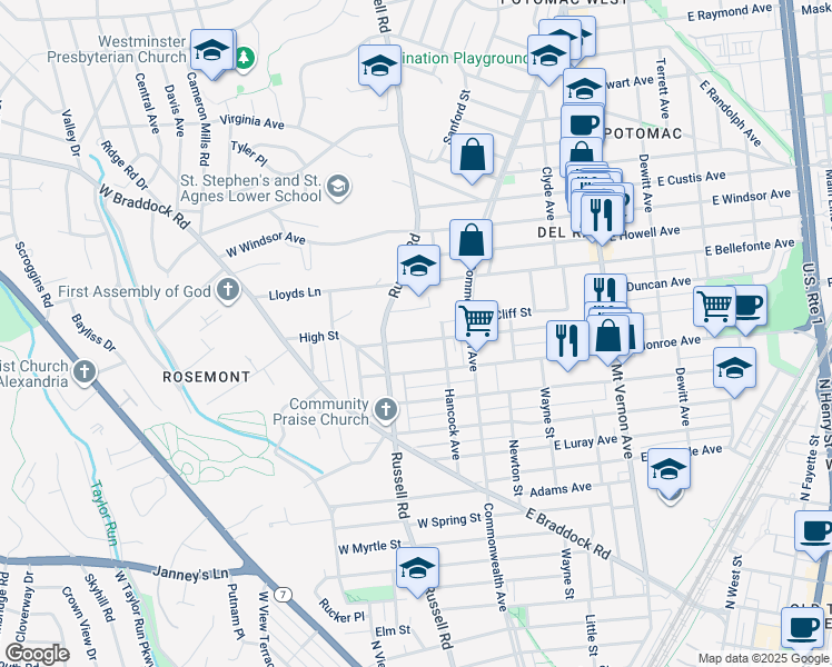 map of restaurants, bars, coffee shops, grocery stores, and more near 111 West Mason Avenue in Alexandria