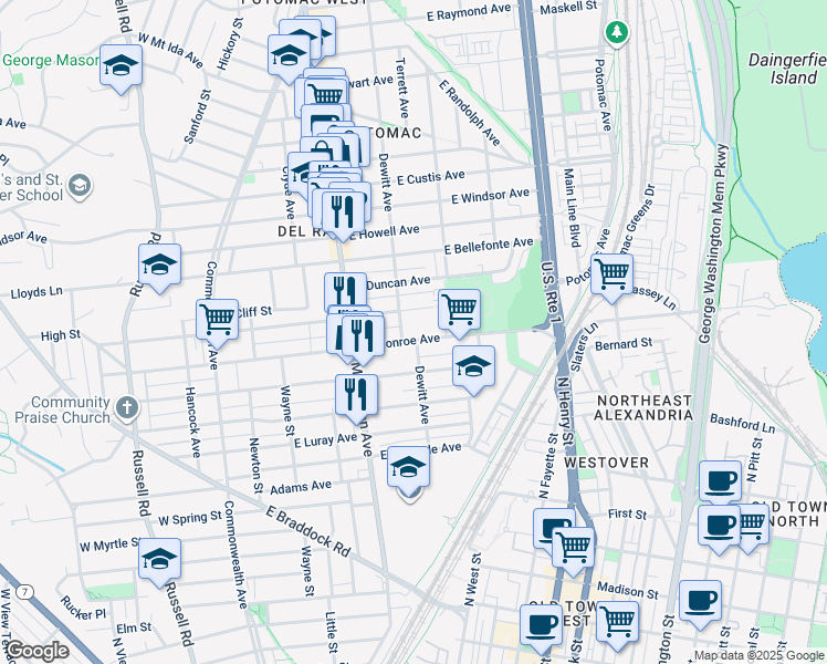 map of restaurants, bars, coffee shops, grocery stores, and more near 404 East Monroe Avenue in Alexandria