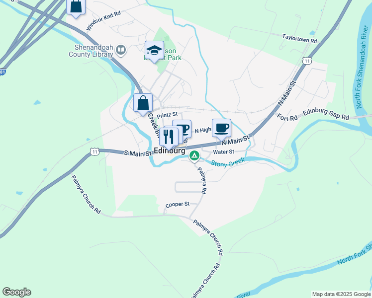 map of restaurants, bars, coffee shops, grocery stores, and more near 101 South Main Street in Edinburg