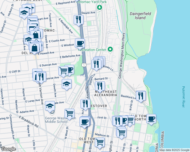 map of restaurants, bars, coffee shops, grocery stores, and more near 926 Slaters Lane in Alexandria