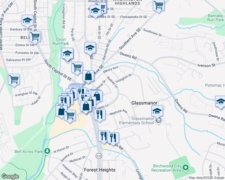 map of restaurants, bars, coffee shops, grocery stores, and more near 5028 Roseld Court in Oxon Hill