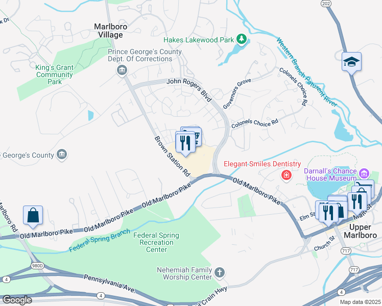 map of restaurants, bars, coffee shops, grocery stores, and more near 5030 Brown Station Road in Upper Marlboro