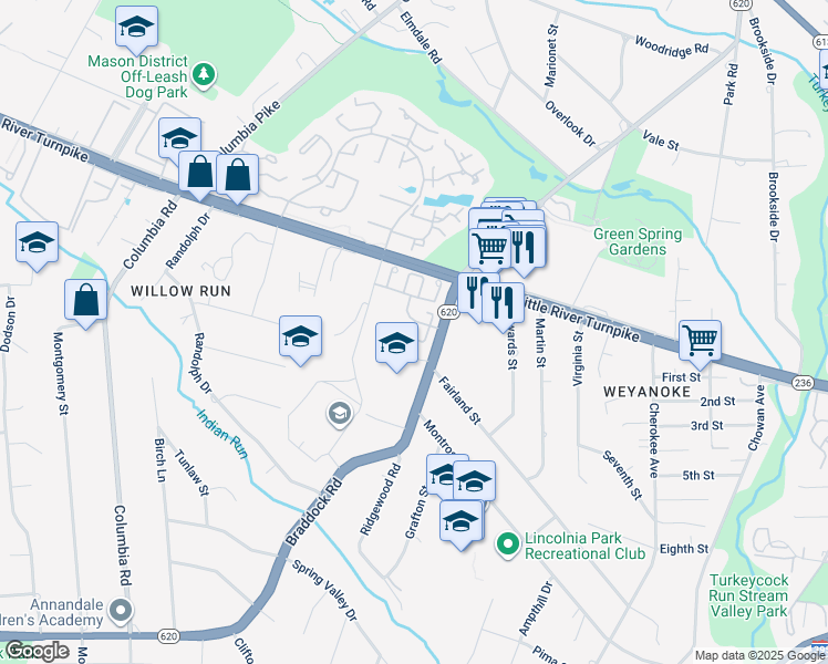 map of restaurants, bars, coffee shops, grocery stores, and more near 6619 Irvin Place in Alexandria