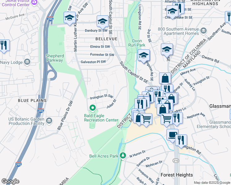 map of restaurants, bars, coffee shops, grocery stores, and more near 4766 South Capitol Terrace Southwest in Washington