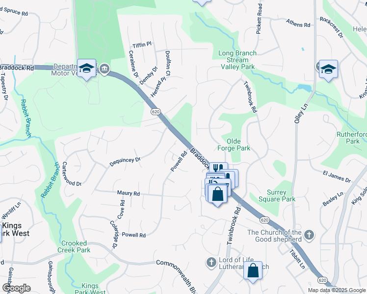 map of restaurants, bars, coffee shops, grocery stores, and more near 9645 Braddock Road in Fairfax