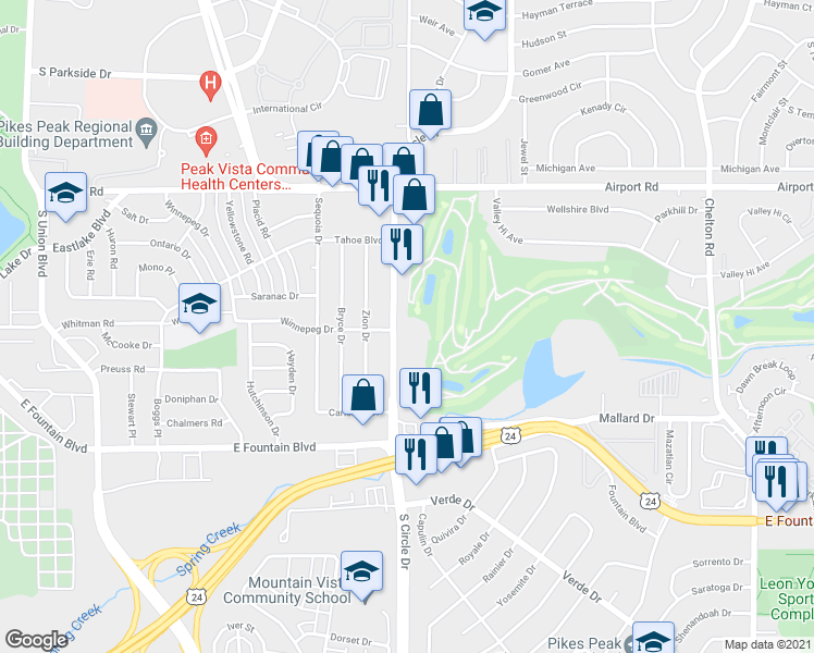 map of restaurants, bars, coffee shops, grocery stores, and more near 805 South Circle Drive in Colorado Springs