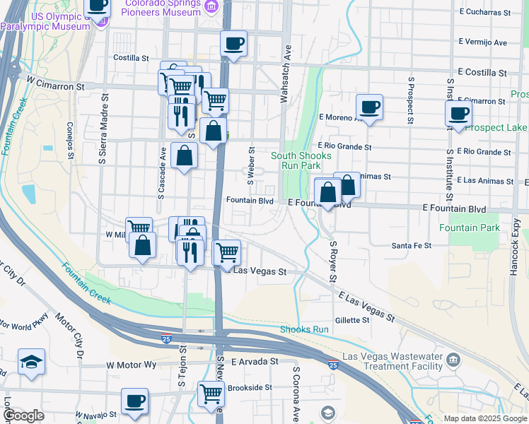 map of restaurants, bars, coffee shops, grocery stores, and more near 320 Victoria Street in Colorado Springs