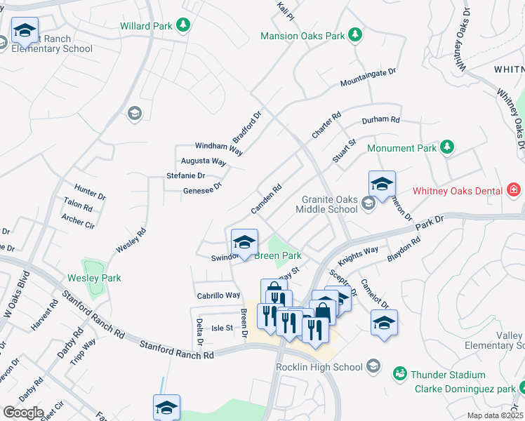 map of restaurants, bars, coffee shops, grocery stores, and more near 5141 Camden Road in Rocklin