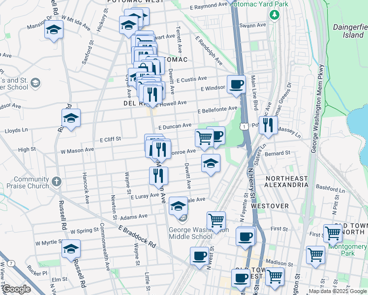 map of restaurants, bars, coffee shops, grocery stores, and more near 101 Independence Avenue Southeast in Washington