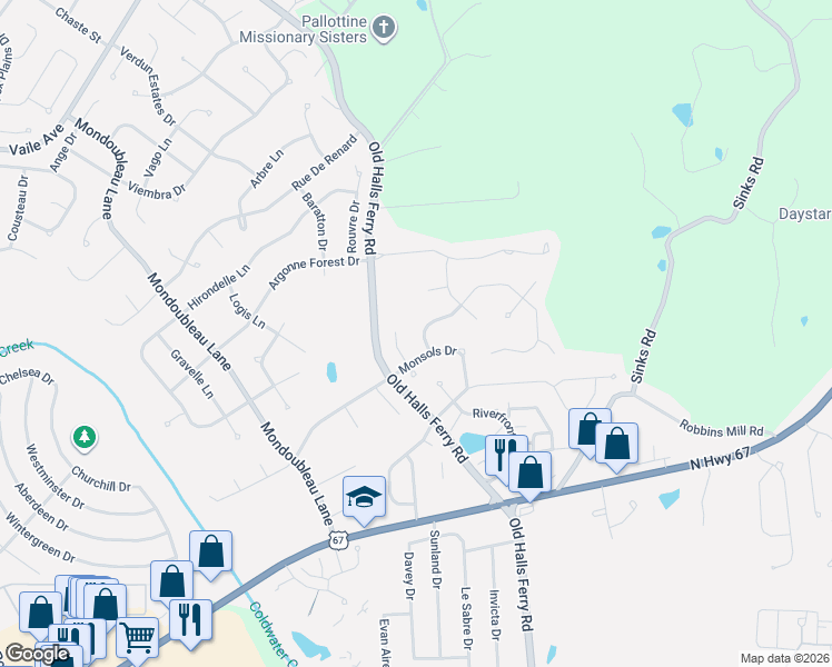 map of restaurants, bars, coffee shops, grocery stores, and more near 14420 Ocean Side Drive in Florissant
