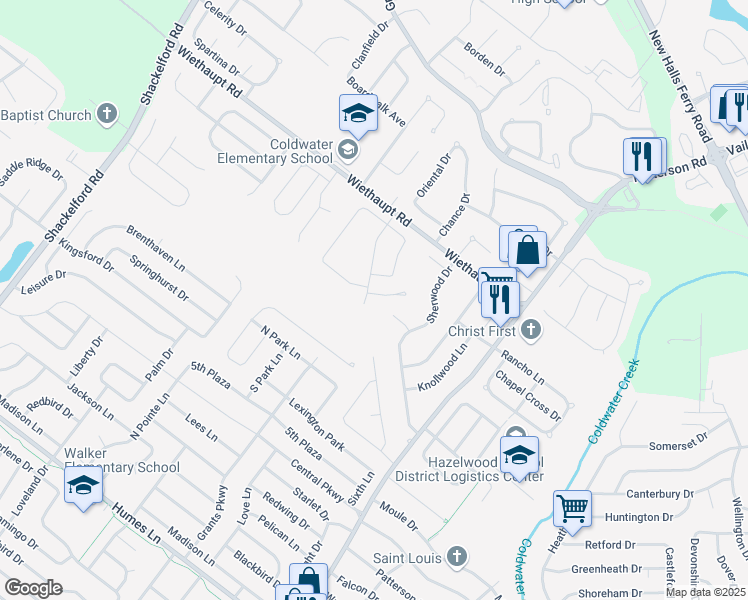 map of restaurants, bars, coffee shops, grocery stores, and more near 883 Dawnview Court in Florissant