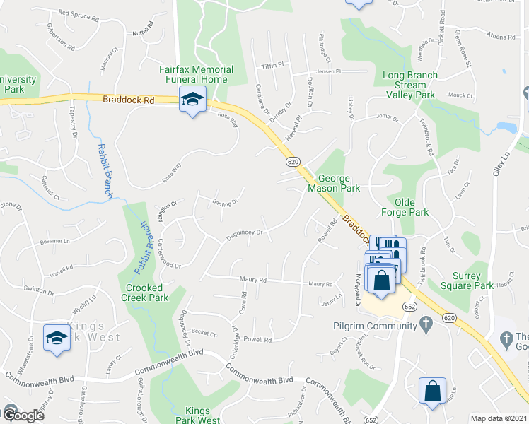 map of restaurants, bars, coffee shops, grocery stores, and more near 5006 Dequincey Drive in Fairfax