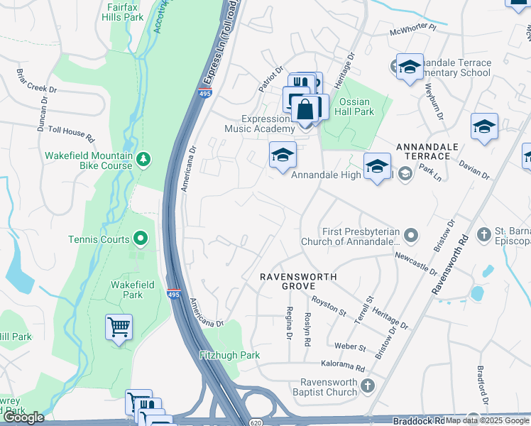 map of restaurants, bars, coffee shops, grocery stores, and more near 7812 Winona Court in Annandale