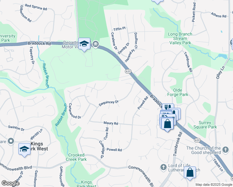map of restaurants, bars, coffee shops, grocery stores, and more near 5006 Dequincey Drive in Fairfax