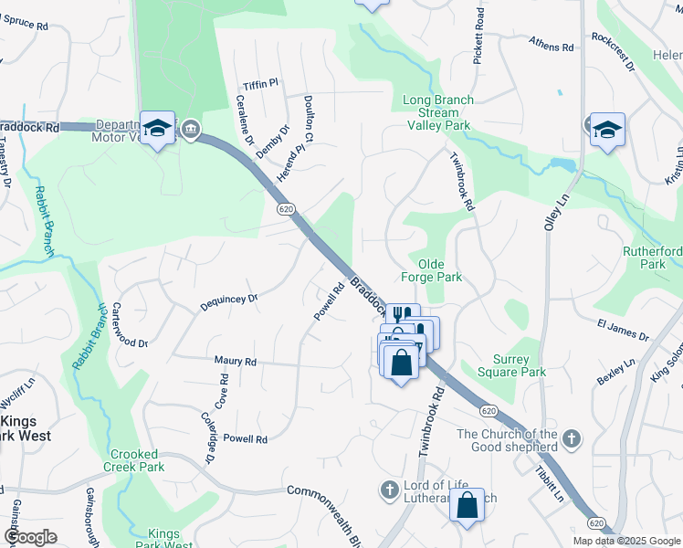 map of restaurants, bars, coffee shops, grocery stores, and more near 9645 Braddock Road in Fairfax