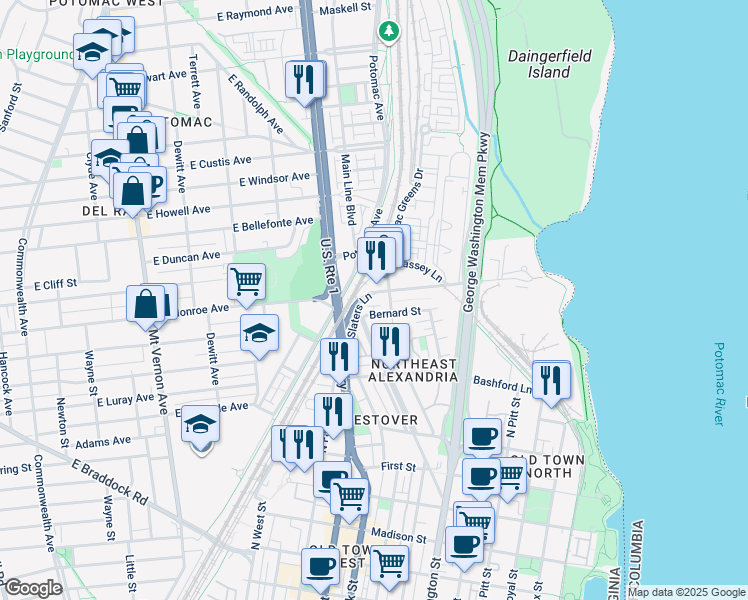 map of restaurants, bars, coffee shops, grocery stores, and more near 920 Slaters Lane in Alexandria