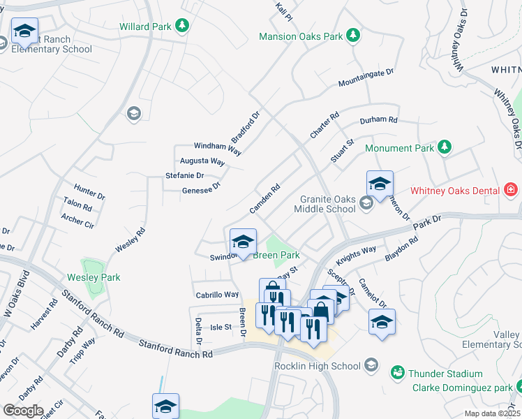 map of restaurants, bars, coffee shops, grocery stores, and more near 5141 Camden Road in Rocklin