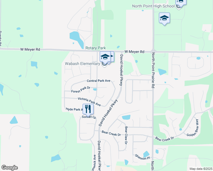 map of restaurants, bars, coffee shops, grocery stores, and more near 134 Central Park Avenue in Foristell