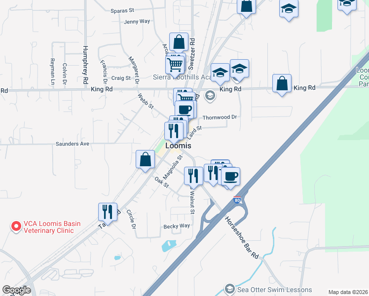 map of restaurants, bars, coffee shops, grocery stores, and more near 5845 Horseshoe Bar Road in Loomis