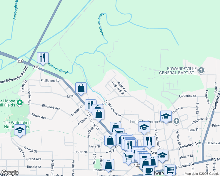 map of restaurants, bars, coffee shops, grocery stores, and more near 911 Highland Street in Edwardsville