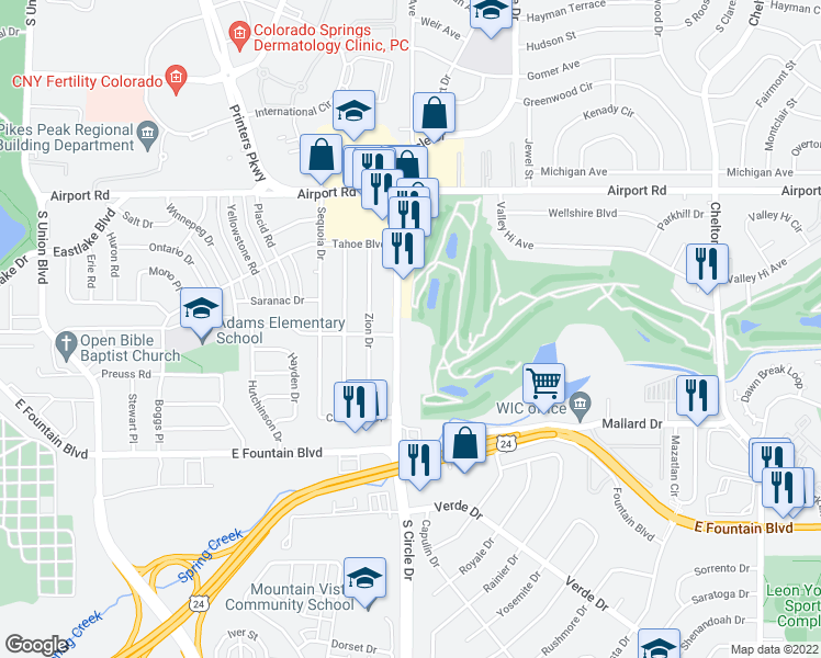 map of restaurants, bars, coffee shops, grocery stores, and more near 805 South Circle Drive in Colorado Springs