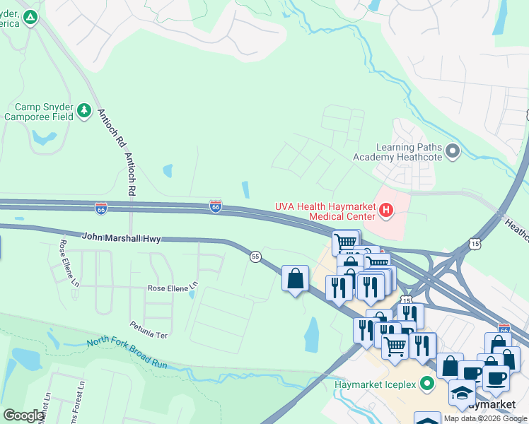 map of restaurants, bars, coffee shops, grocery stores, and more near Interstate 66 in Haymarket