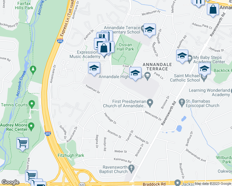 map of restaurants, bars, coffee shops, grocery stores, and more near 7736 Arlen Street in Annandale