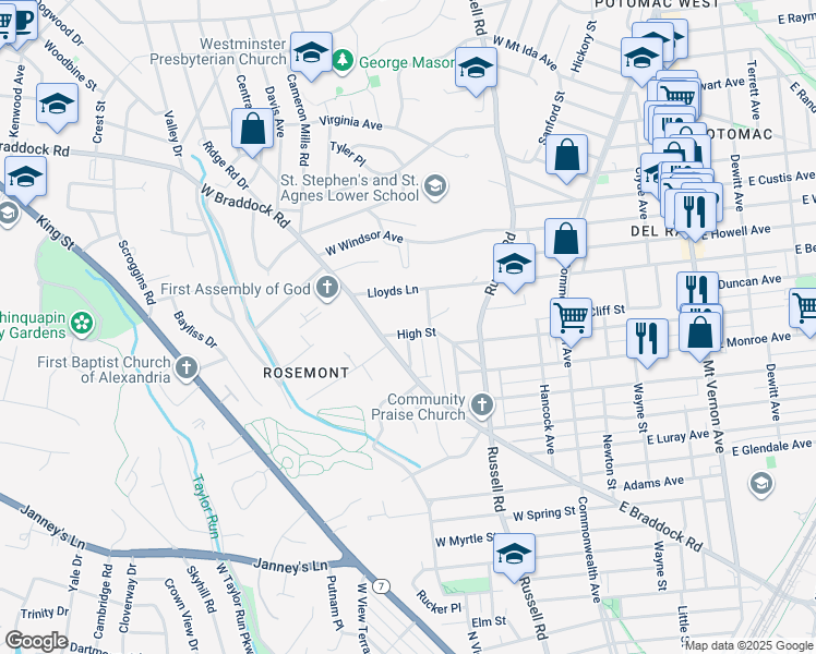 map of restaurants, bars, coffee shops, grocery stores, and more near 501 High Street in Alexandria
