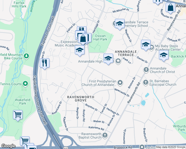 map of restaurants, bars, coffee shops, grocery stores, and more near 7736 Arlen Street in Annandale