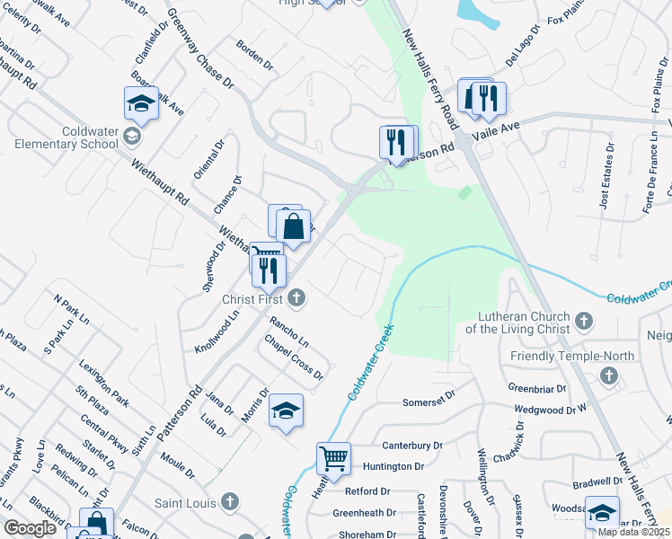 map of restaurants, bars, coffee shops, grocery stores, and more near 2927 Willow Mound Lane in Florissant