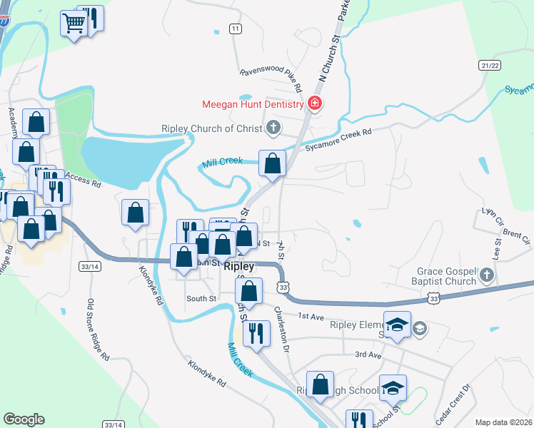 map of restaurants, bars, coffee shops, grocery stores, and more near 312 6th Street in Ripley