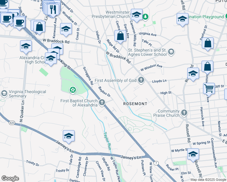 map of restaurants, bars, coffee shops, grocery stores, and more near 712 Parkway Terrace in Alexandria