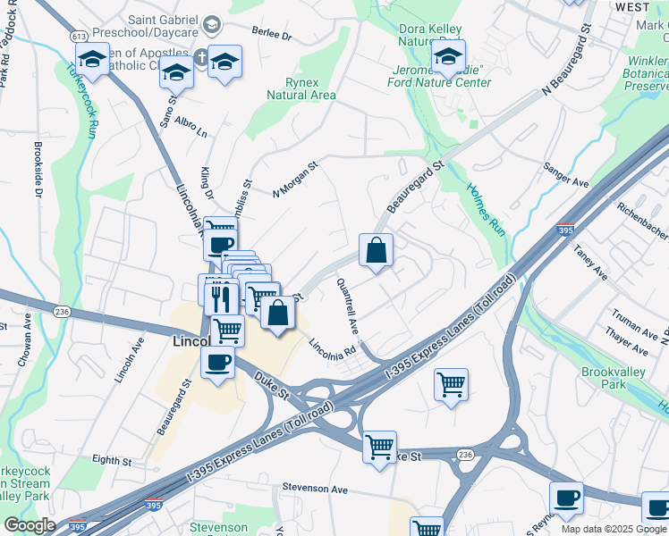 map of restaurants, bars, coffee shops, grocery stores, and more near 10694 Quantrell Avenue in Alexandria