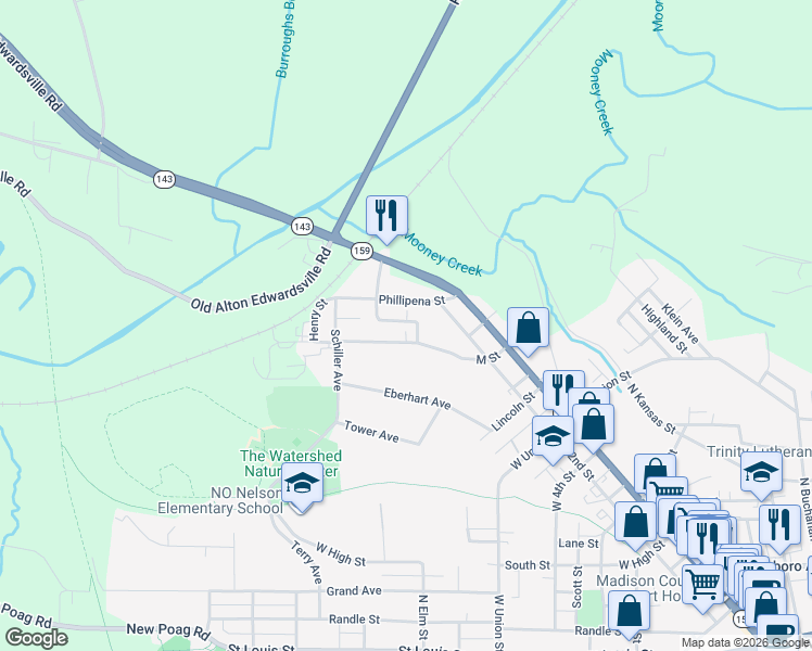 map of restaurants, bars, coffee shops, grocery stores, and more near 407 Sanner Street in Edwardsville