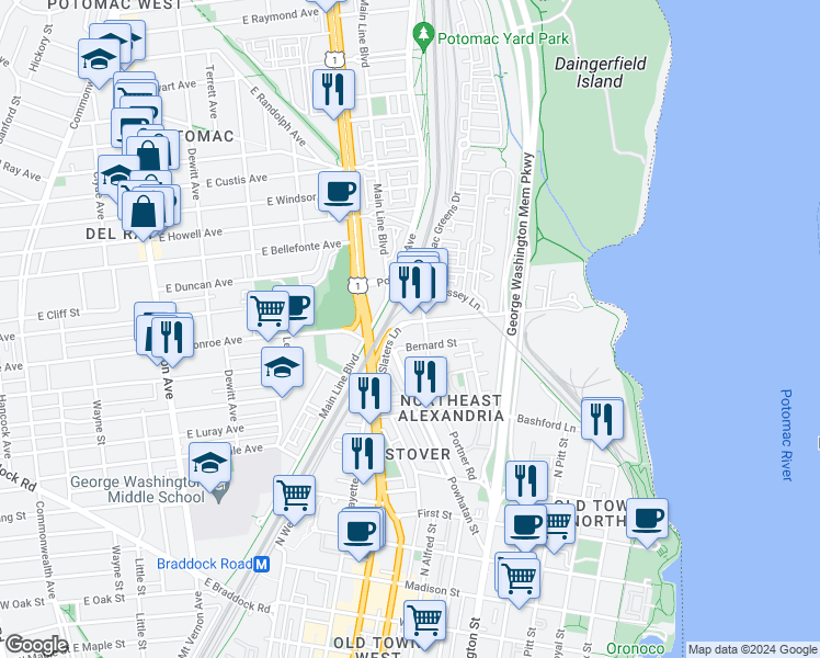 map of restaurants, bars, coffee shops, grocery stores, and more near 918 Slaters Lane in Alexandria