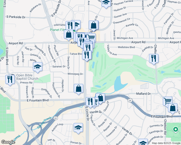 map of restaurants, bars, coffee shops, grocery stores, and more near 805 South Circle Drive in Colorado Springs