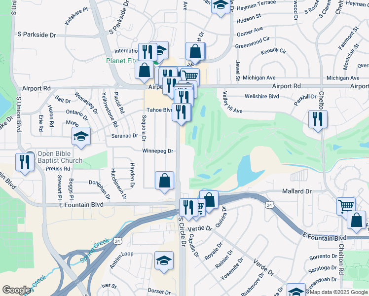 map of restaurants, bars, coffee shops, grocery stores, and more near 805 South Circle Drive in Colorado Springs