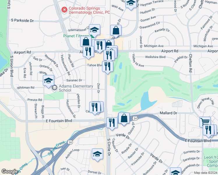 map of restaurants, bars, coffee shops, grocery stores, and more near 805 South Circle Drive in Colorado Springs
