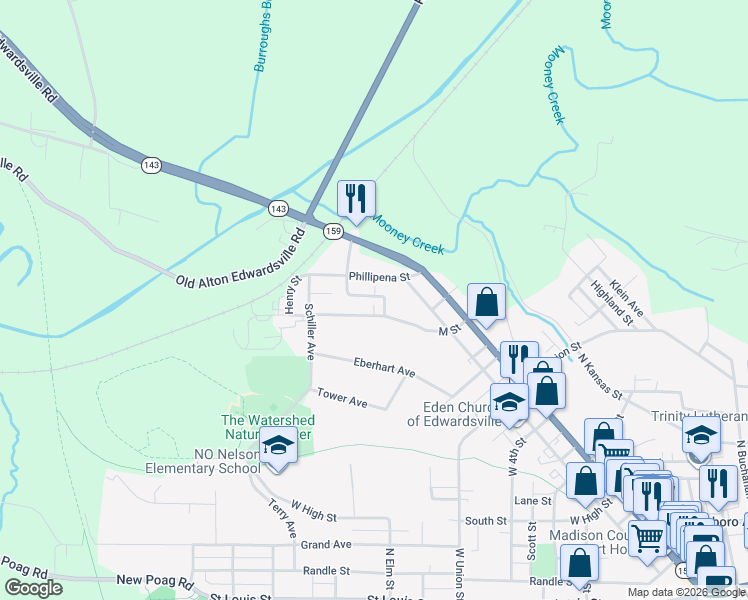map of restaurants, bars, coffee shops, grocery stores, and more near 407 Sanner Street in Edwardsville