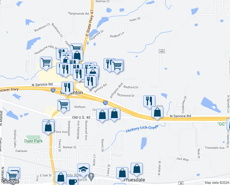 map of restaurants, bars, coffee shops, grocery stores, and more near 300 Arlington Way in Warrenton