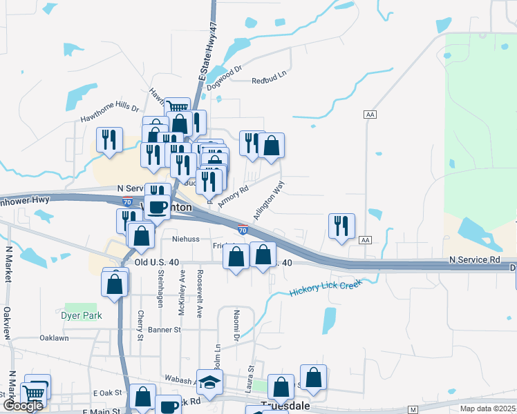 map of restaurants, bars, coffee shops, grocery stores, and more near 1 Armory Road in Warrenton