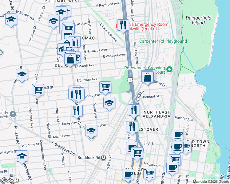 map of restaurants, bars, coffee shops, grocery stores, and more near 574 East Monroe Avenue in Alexandria